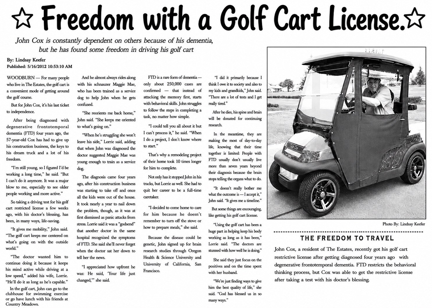 Newspaper article: Freedom with a Golf Cart License, about John Cox and his FTD diagnosis