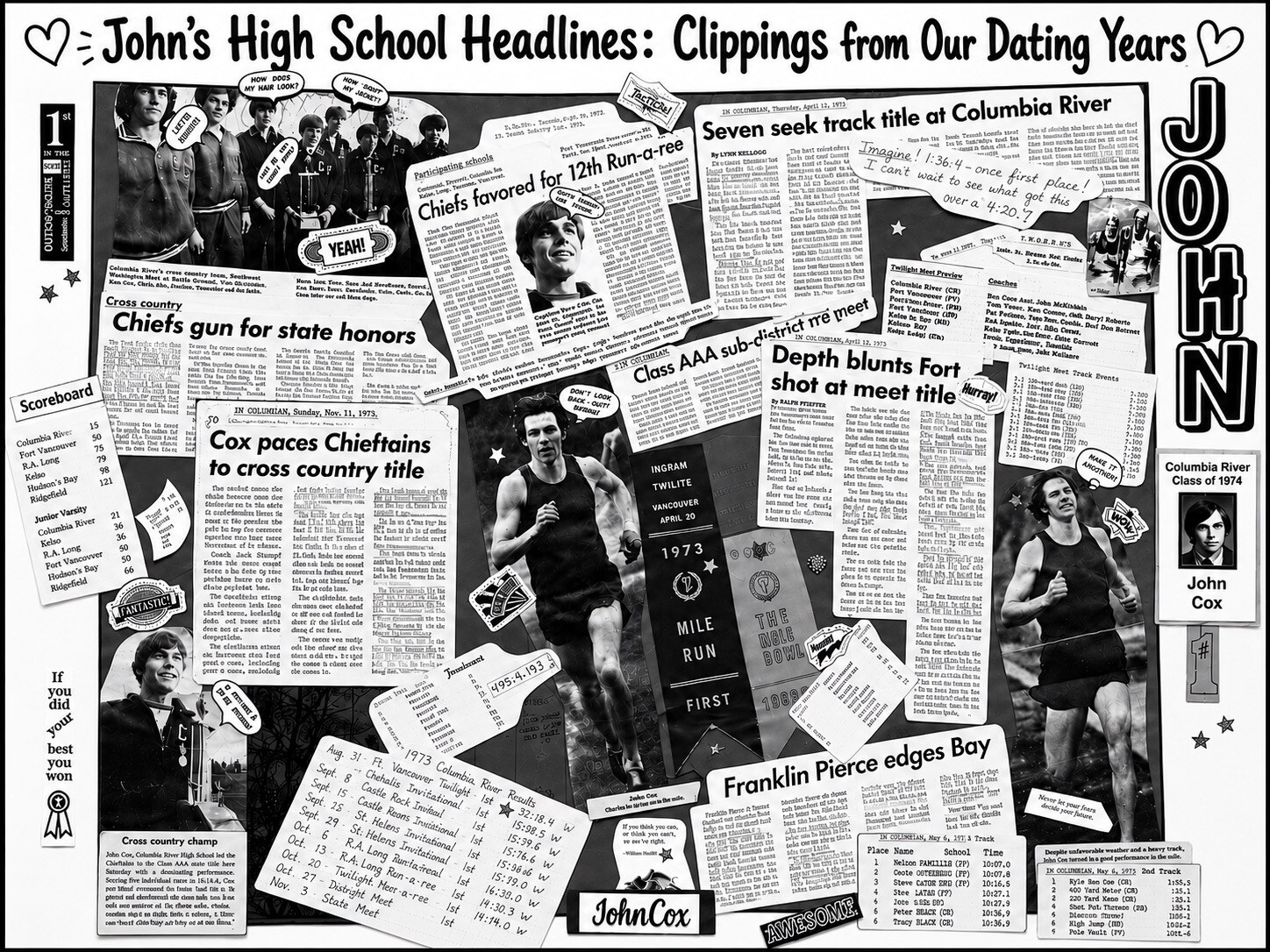 Collage of newspaper clippings about John Cox's high school cross country and track career