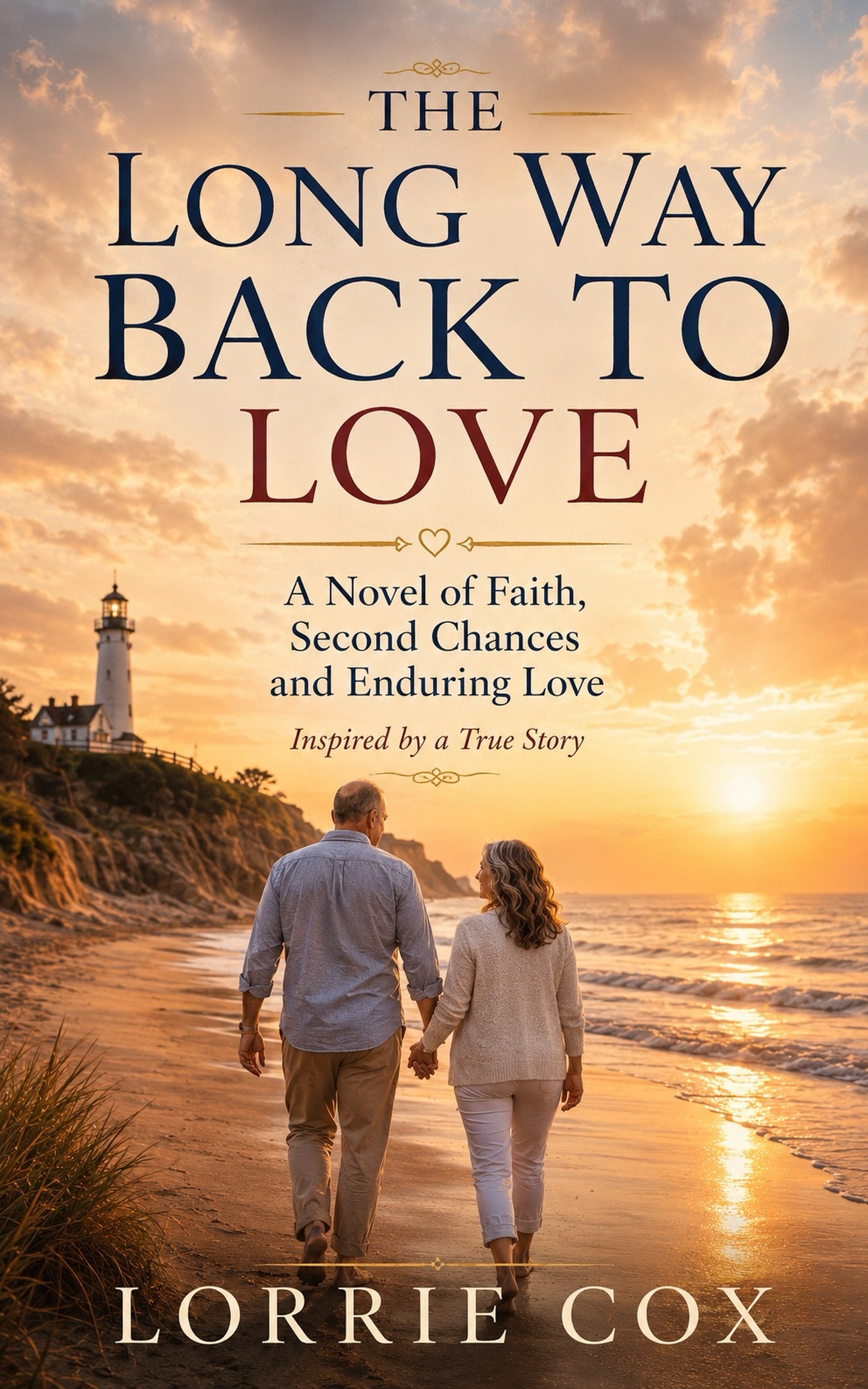 The Long Way Back to Love book cover, showing a couple walking on a beach at sunset